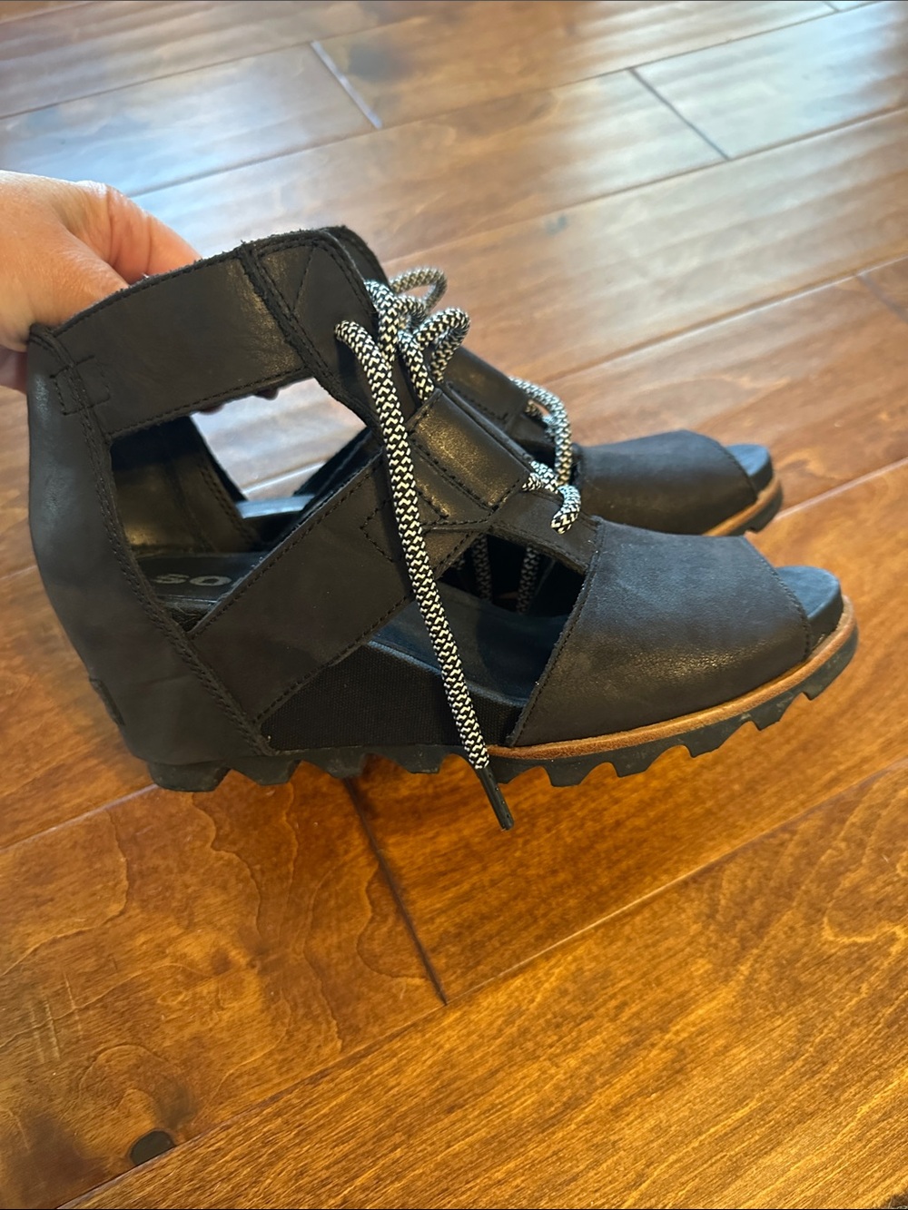 Sorel Black Lace-Up Wedge Sandals with Contrasting Laces
